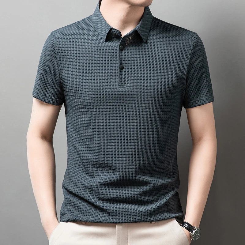 New Men's Business Casual Short Sleeved Bone Flower Solid Color POLO Shirt Fashion Breathable Comfortable Summer Versatile Top
