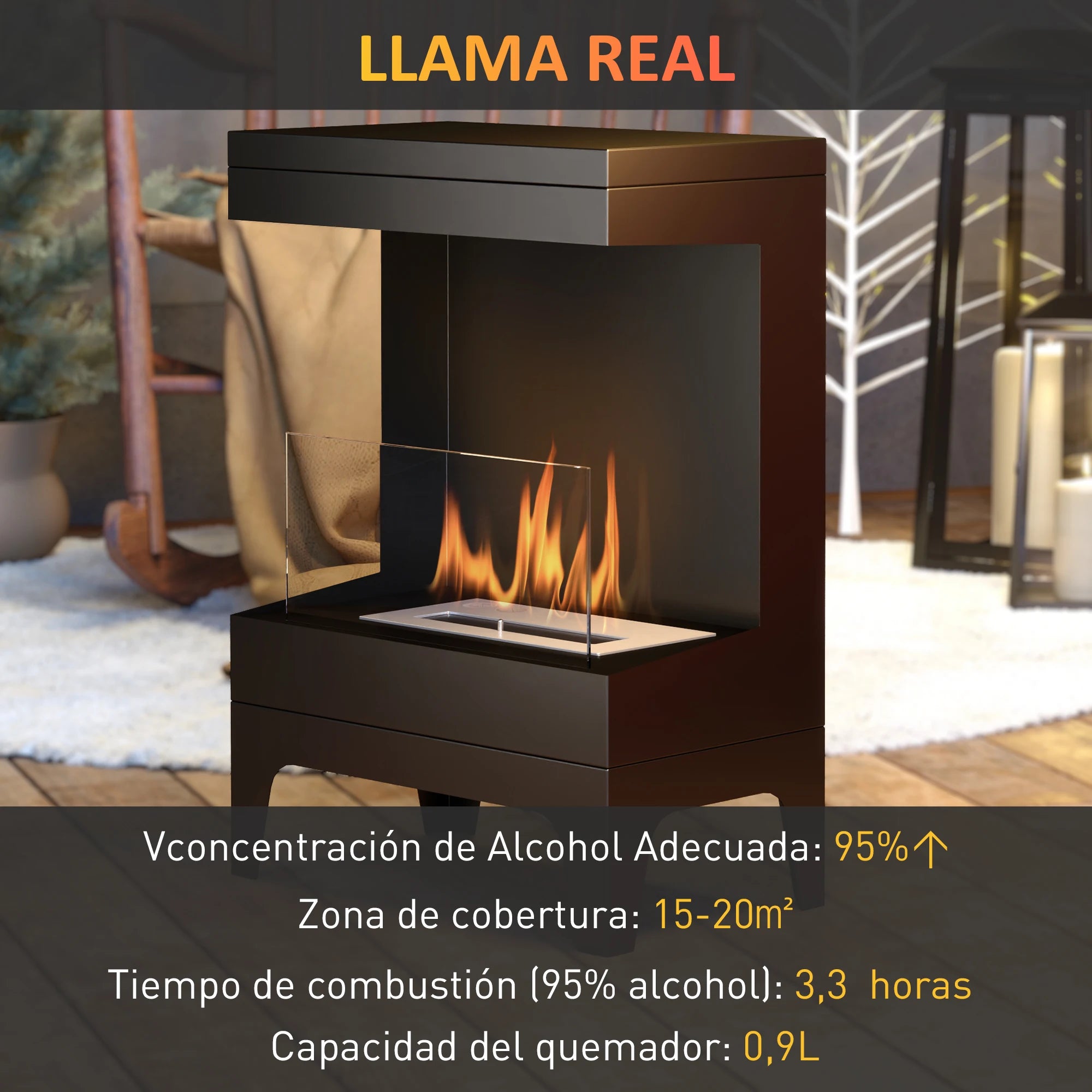 Homcom Steel Bioethanol Fireplace with Glass Homcom 38X22X54 cm Black