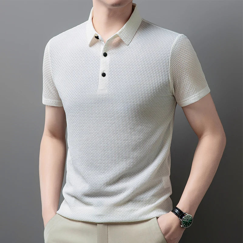 New Men's Business Casual Short Sleeved Bone Flower Solid Color POLO Shirt Fashion Breathable Comfortable Summer Versatile Top